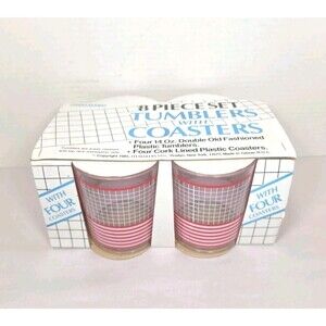 NOS 8 Piece Vintage ITEMAKERS Tumbler and Coaster Set 1985 MCM red and white